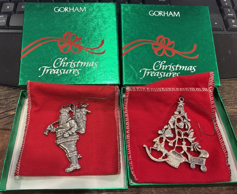 2 GORHAM Christmas Treasures Ornaments Santa with Toys & Christmas Tree