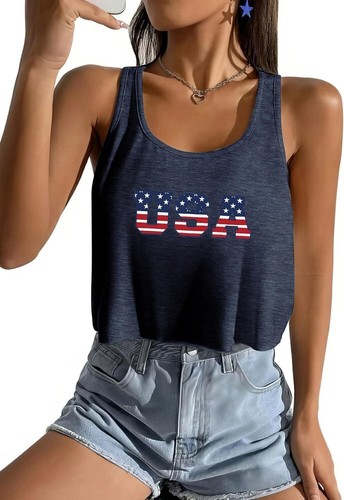 Women's American Flag Sleeveless Crop Top - USA Patriotic 4th of July Camisole - Picture 10 of 71