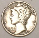 1943 S Mercury Winged Head Dime 10 Cents Silver Coin VF
