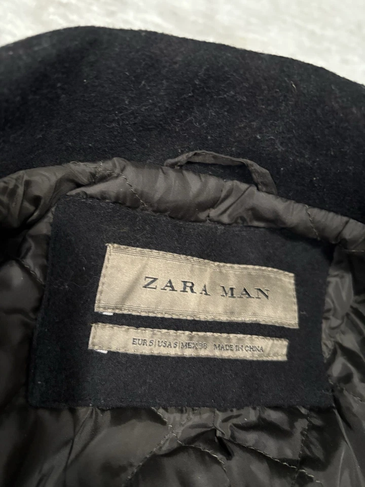 Abrigo de Lona Zara Hombre Negro Cremallera Mezcla Lana Talla Pequeña Chaqueta Foto 3 de 4