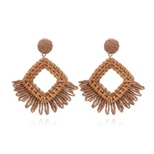 Handwoven Boho Raffia Rattan Drop Earrings Straw Wicker Flower Geometric St - 01