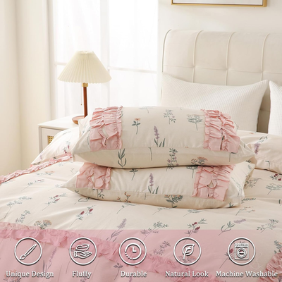 Romantic Pink Ruffle Duvet Cover Set King Size - Soft Floral