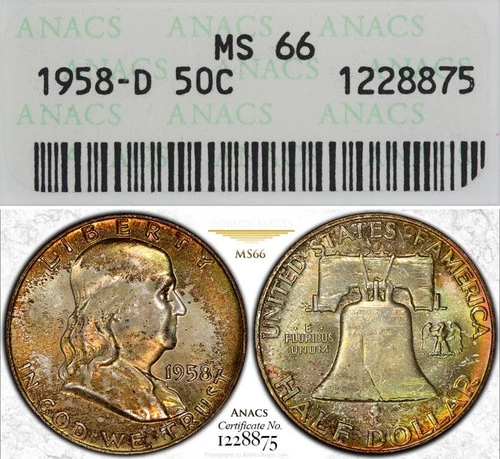 MS66 1958-D 50C Franklin Silver Half Dollar, Old ANACS Soapbox- Rainbow Toned