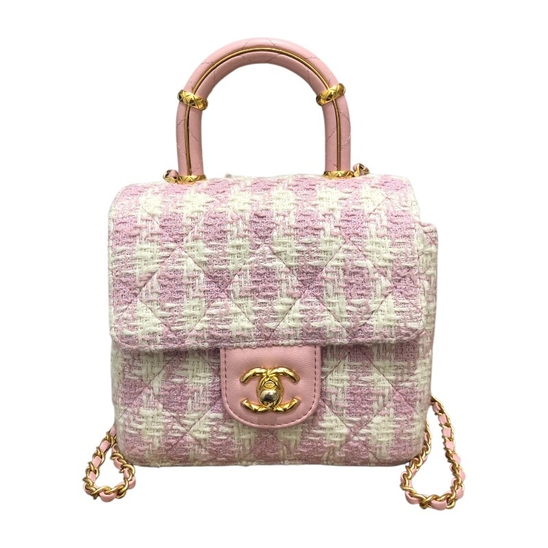 CHANEL pink tweed mini top handle bag with gold hardware AS4035
