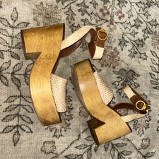 Tory Burch Camilla Haircalf Leather Wood Platform Sandal Clogs Size 7M