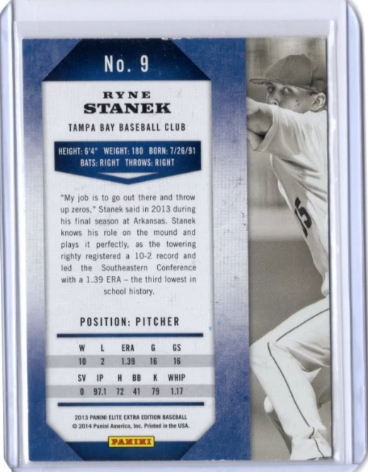 RYNE STANEK MLB Rays 2013 Panini Elite Extra Auto Autographed Signed #9 Card - Image 2 of 2