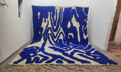 Moroccan Berber Wool Rug, White And Dark Blue Abstract Luxury Design Carpet Rug