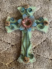 Decorative Wooden and Metal Wall Cross Rustic Floral Accents for Home Decor