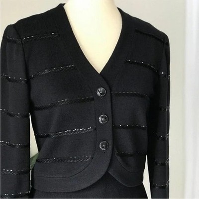 Vintage St. John Luxury Caviar Black Knit Cardigan with Beaded Stripes - Size 4