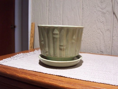 Vintage McCoy Planter Sage Green Brown Bamboo Look Pot Medium Saucer