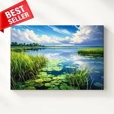 Sky Lake Lakeside Reeds Canvas Hyper Realistic Water Landscape Landscap Wall Art