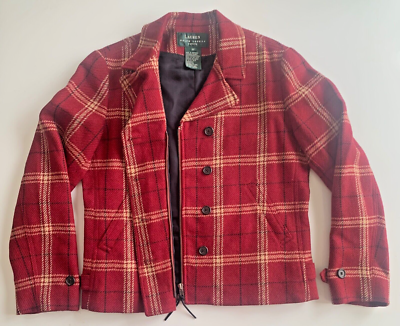 Vintage RALPH LAUREN Blazer Jacket 8 P PLAID WOOL Zip Button