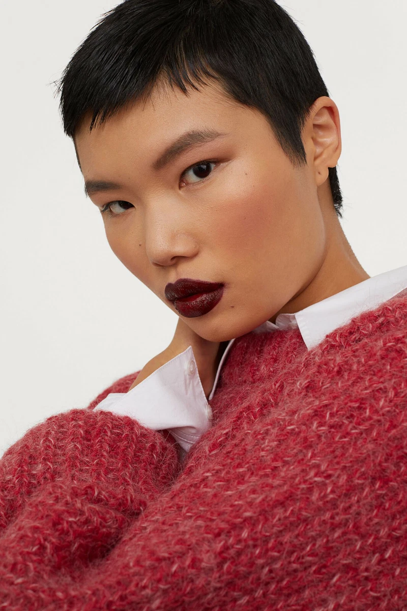 H M KNITTED ALPACA BLEND JUMPER RED WHITE MARL SWEATER CROPPED L