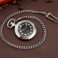 Silver Arabic Number Luminous Dial Open Face Case Quartz Pocket Watch with Chain