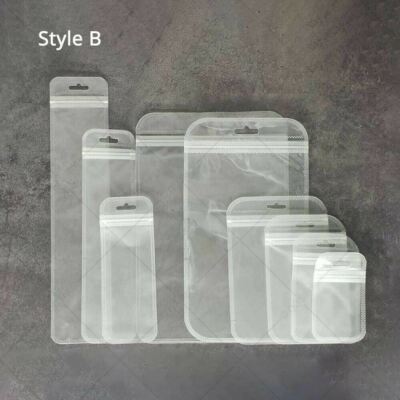 Multi-Size Clear/Clear/Frosted White Glossy Flat Mylar Zipper Bag w/ Hang Hole
