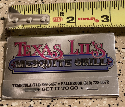 UNSTRUCK VINTAGE MATCHBOOK TEXAS LIL'S MESQUITE GRILL TEMECULA OLD TOWN 3'' 