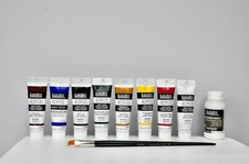 LIQUITEX Acrylic Paint LOT of 8  1 Varnish  2 Paint Brushes  8 10 ALL NEW
