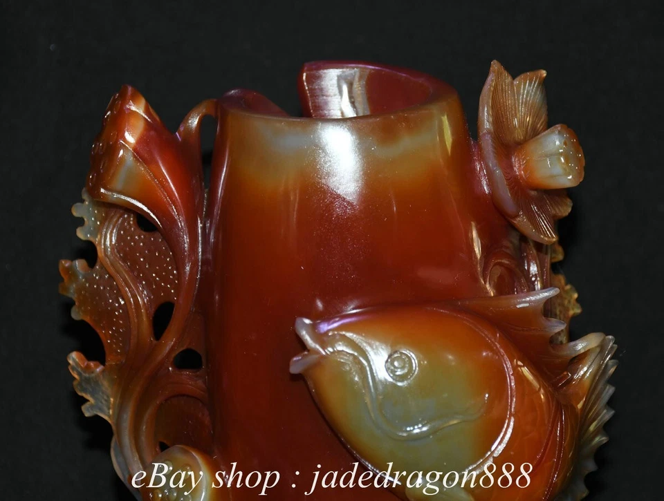 Jarrón lápiz maceta cepillo de flores de loto pez talla ágata roja marca china de 8,4" Foto 2 de 4