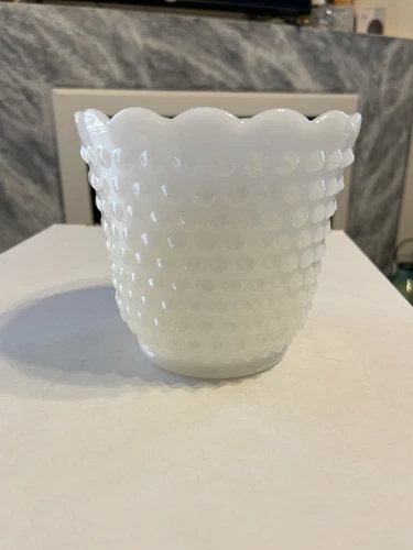 Vintage 1950's Fire King Oven Ware Milk Glass Hobnail Vase/Planter.  G 18