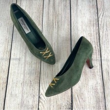 Vintage Carriage Court Green Suede Heels Gold Chain Embellishments Size 6M