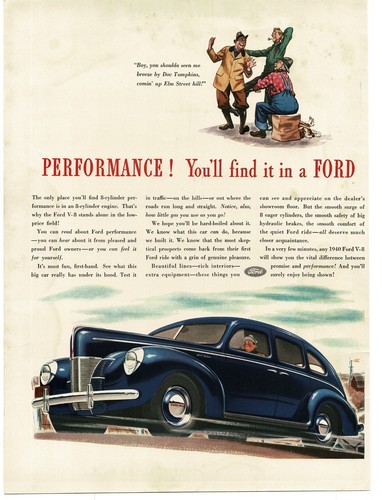 1940 Ford Deluxe Blue 4-door Sedan comic art Vintage Print Ad
