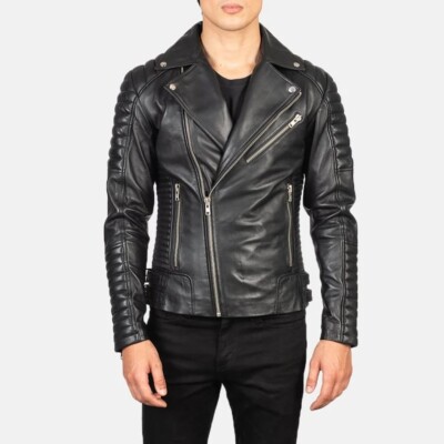 Motorcycle Skull Leather Biker Lambskin Quilted Cafe Racer Black Slim Fit Jacket