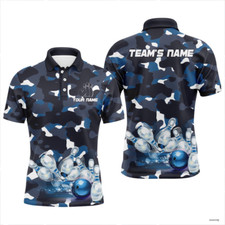 Custom Team Name Men Bowling Jersey Blue Camo Bowling Men's Polo Shirt