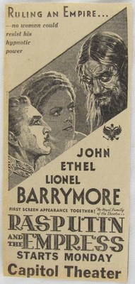 Vintage 1933 RASPUTIN AND THE EMPRESS Barrymore Movie Newspaper Print Ad