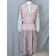 Ulla Johnson Pink Floral Striped Mixed Print Midi Dress Small Sash Boho Resort