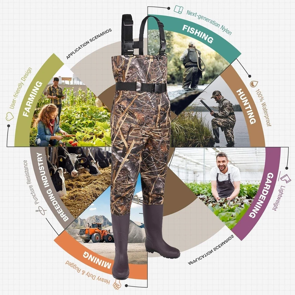 Vadeadores de pesca para hombre, 2 capas de nailon/PVC impermeables para mujer vadeador de pecho con boo... Foto 4 de 4