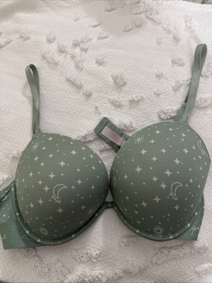 Victoria's Secret Push Up Plunge Bra Mint Green Silver Lace Size 36D