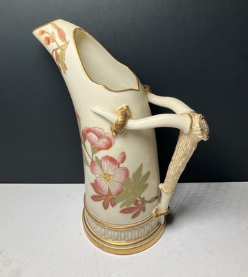Royal Worcester Antique Pitcher *  Ewer * Blush Ivory * With Horn Handle