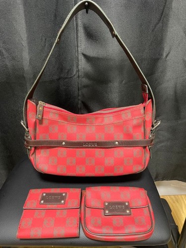 LOEWE Anagram Shoulder Bag Canvas Leather 3 Piece Set Vintage Auth From Japan
