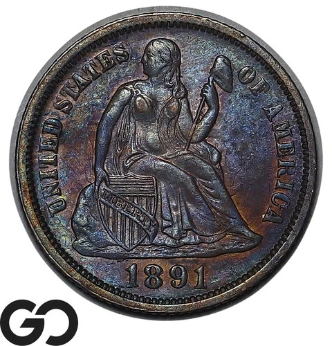 1891-O Seated Liberty Dime, Deep Toner, Choice AU++