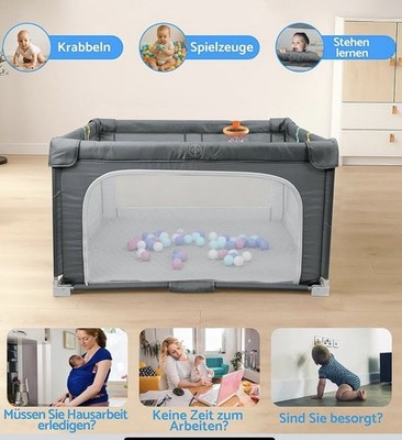 Baby Laufstall 150×150 cm   Faltbar, Stabil, mit Matte   Dunkelgrau