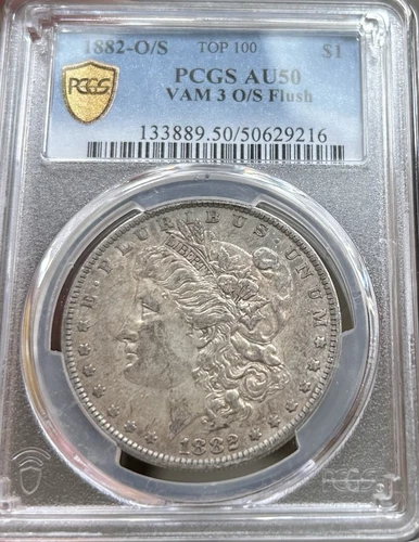 1882-O/S  Morgan Silver Dollar, TOP 100 PCGS AU50 VAM 3 O/S Flush