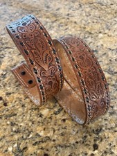 vintage USA made TONY LAMA buckle belt 38 brown TOOLED leather WESTERN