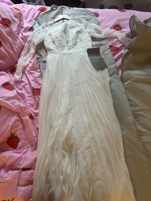 ASOS EDITION Ivory High Neck Long Sleeve Lace Pleated A-Line Full-Length