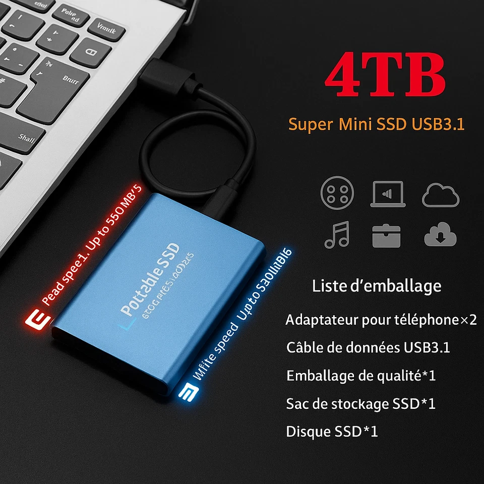 Mini DISQUE DUR EXTERNE Rapide Grande Capacité Stockage Boitier Portable Neuf - Photo 3/4