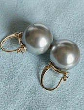 Huge AAAA 16MM PERFECT Gray south sea round shell pearl earrings 14K GOLD MARKED