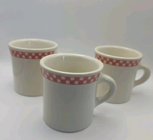 Vtg Homer Laughlin China USA Salmon Red Checkered Restaurant Ware Set (3) Mugs