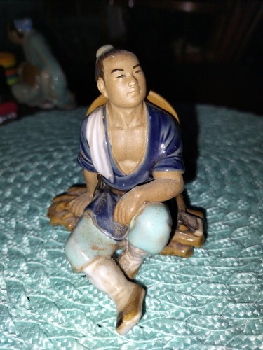 Vintage Shiwan Ceramic Glazed Figurine Mud Man Seated On Log 079 China - Picture 7 of 11