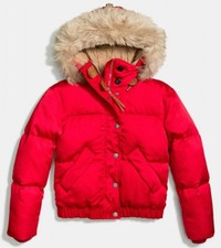 Coach Women's Down And Feather Puffer Jacket, Bright Red, Us Size 8 (m)