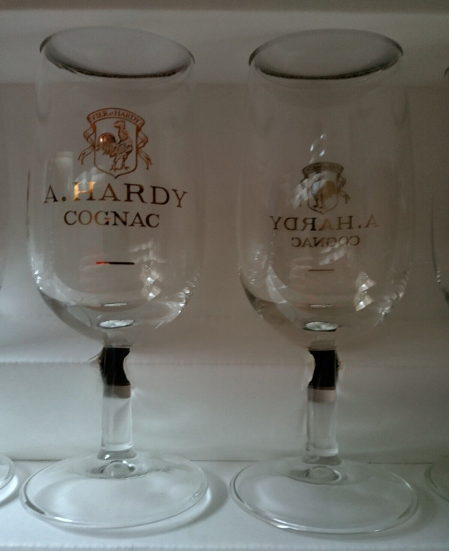 Vintage A Hardy Cognac Fier et and Rooster Gold Leaf Stemmed Snifter 6 Glass Set