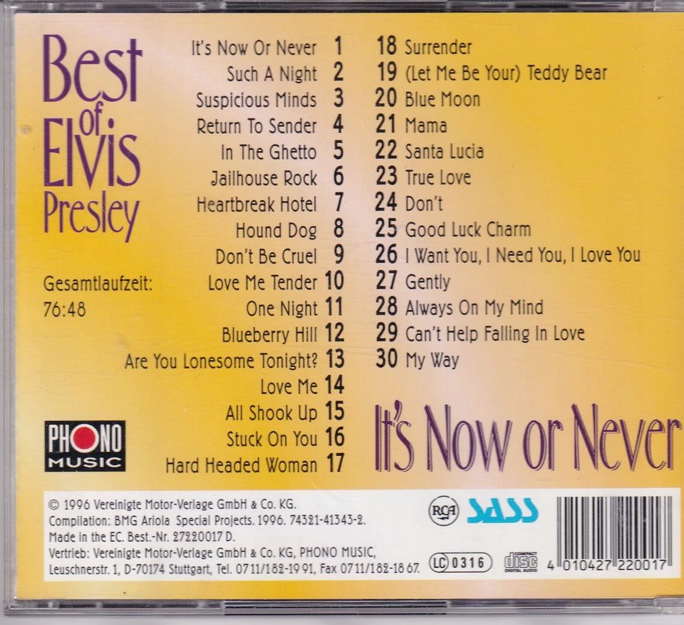 ZOUNDS - ELVIS PRESLEY - It`s Now or Never - Best of - 24 Karat Gold-CD 1996 - Bild 2 von 2