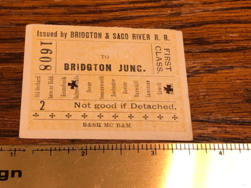 1901 Bridgton & Saco River Eisenbahn Zugticket First Class Salmon Falls ME