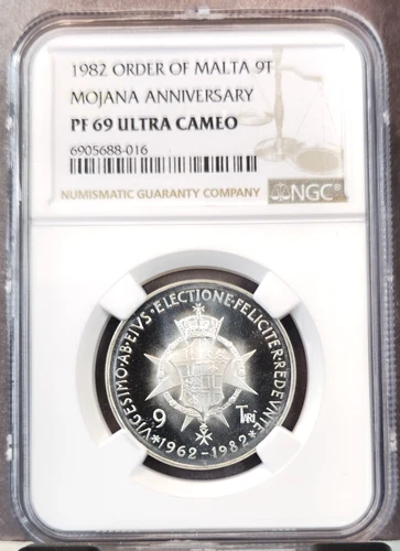 1982 ORDER OF MALTA SILVER 9 TARI MOJANA ANNIV NGC PF 69 ULTRA CAMEO TOP POP 1