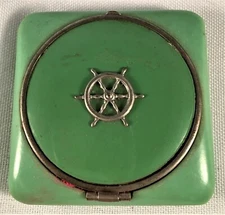 Art Deco Pale Green Bakelite Square Compact Embellished Silvertone Ships Wheel