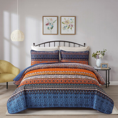 Bohemia Striped Queen King Size Bedspread Set Quilted Coverlet Bed Pillowsham