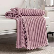 Fleece Blanket Twin Size 60x80 Pink Soft Plush Pompom Fringe for Bed
